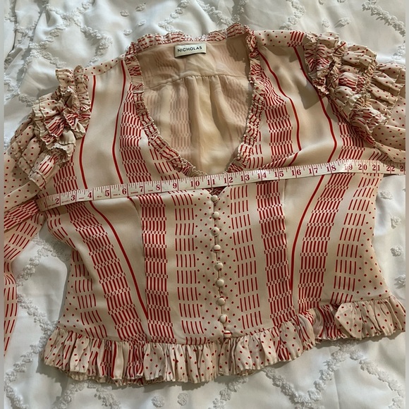Nicholas cream and red striped ruffle silk button-down blouse - Picture 5 of 10
